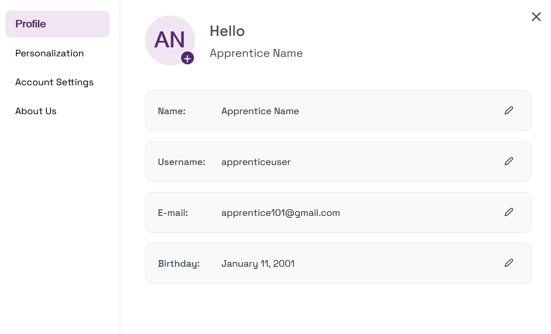 Profile settings screen